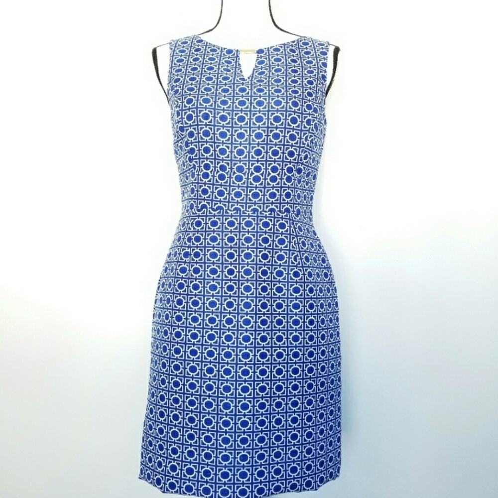 Tahari-Levine Blue Geometric Structured Knee-length Dress Keyhole Embellishment